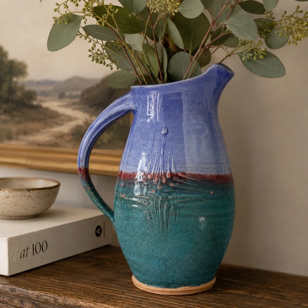 Vintage Studio Pottery Pitcher Turquoise Periwinkle Oxblood Art Pottery Vase